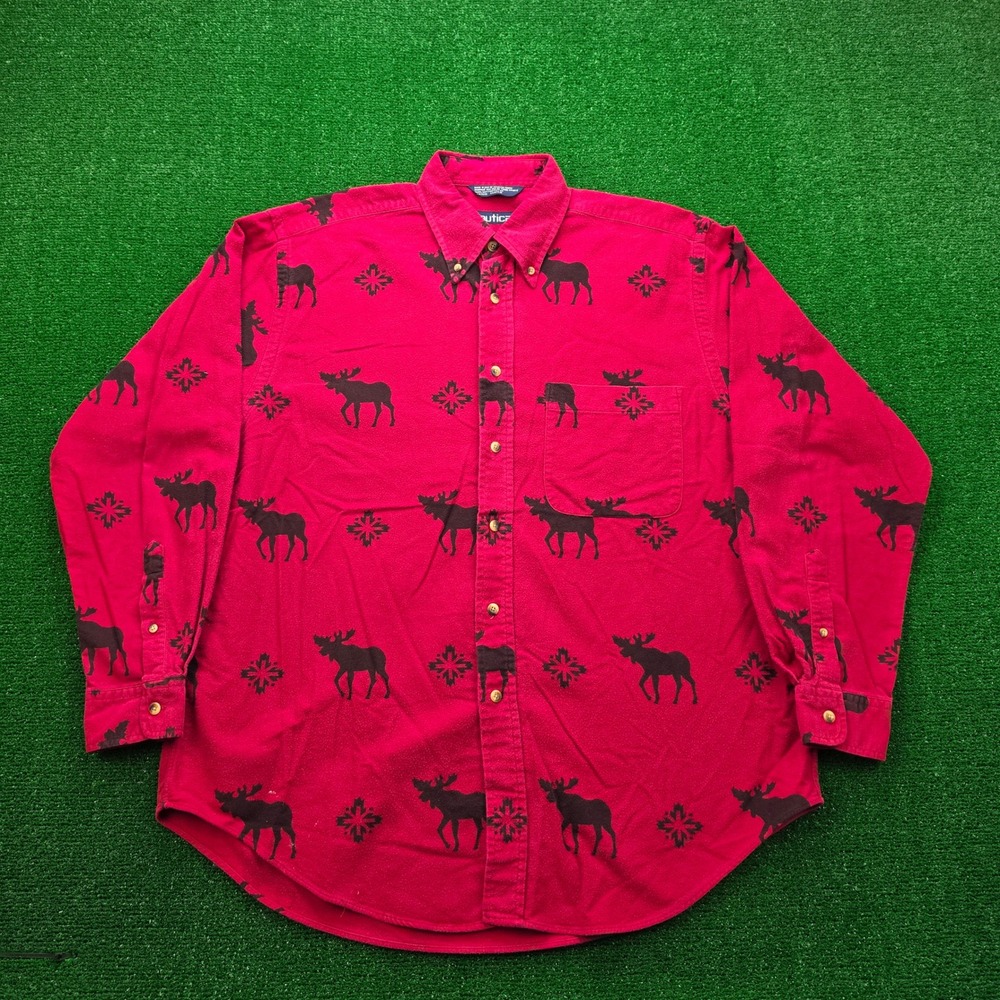 Vintage 90s Nautica Flannel Shirt Mens Large Red Moose Snowflake‎ Print Outdoors